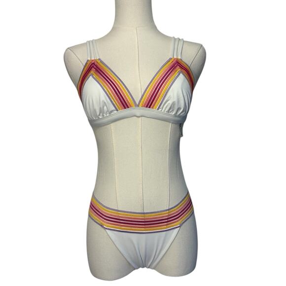 Beach Bunny Triangle Bikini Womens Size Small White Neon Stripes Rushed - Picture 1 of 11